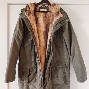 Olive Green Hooded Parka with Faux-Fur Lining